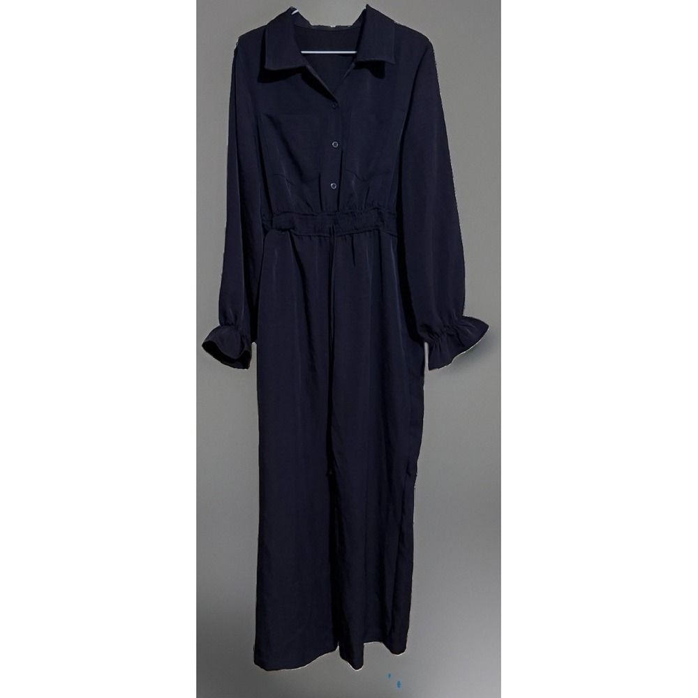 L0292-Cupshe Navy Blue Jumpsuit Long Sleeve Collared Wide Leg Smocked Waist L